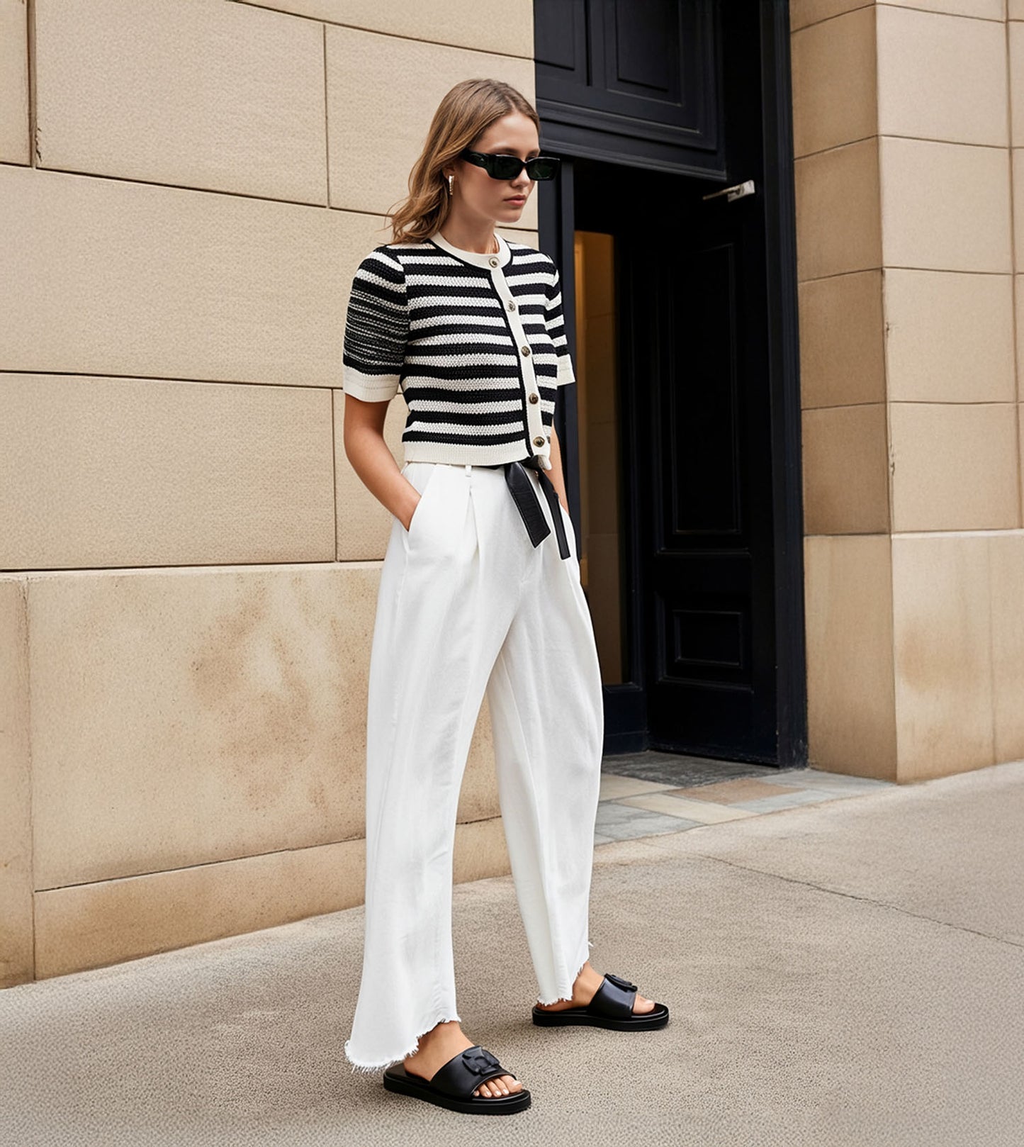 Flower Cutout Slide Sandals - Black