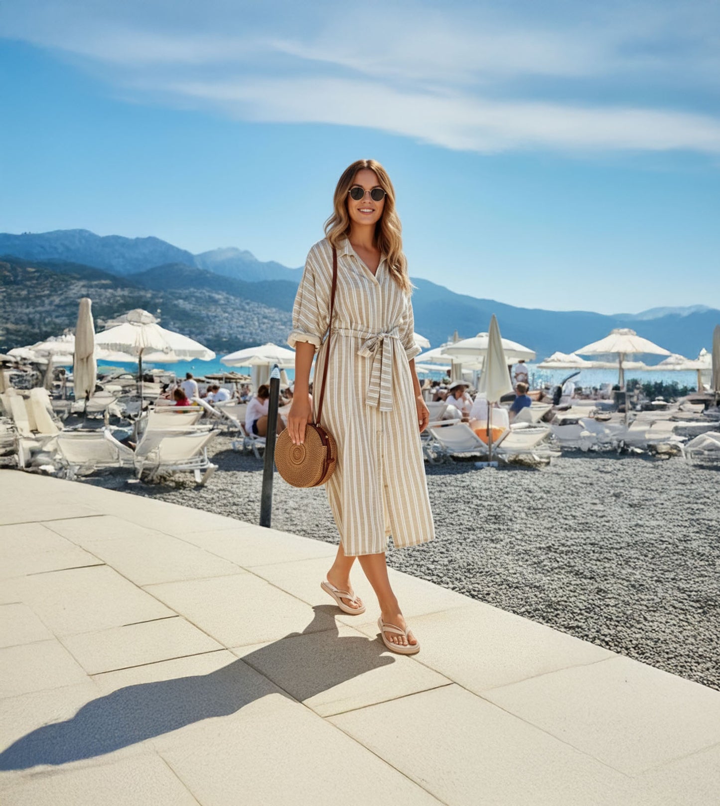 V-Strap Slide Flat Sandals - Cream