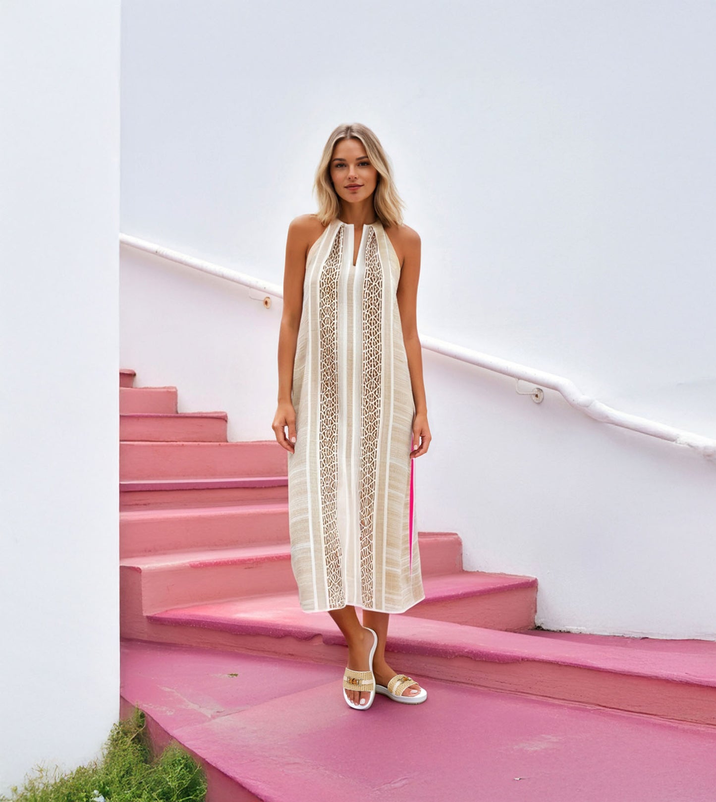 Raffia Slide Flat Sandals With Bamboo Adornment - White