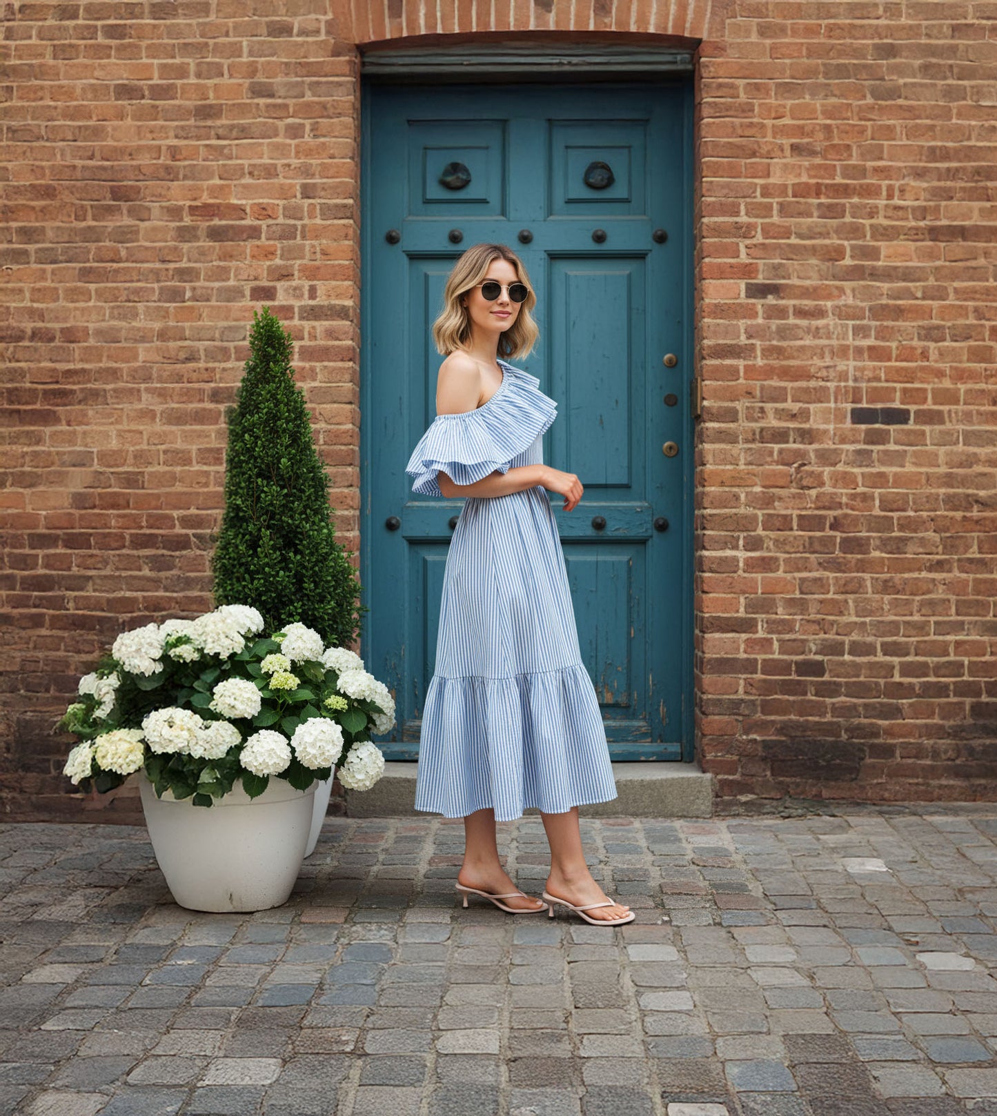 V-Strap Kitten Heeled Sandals - Cream