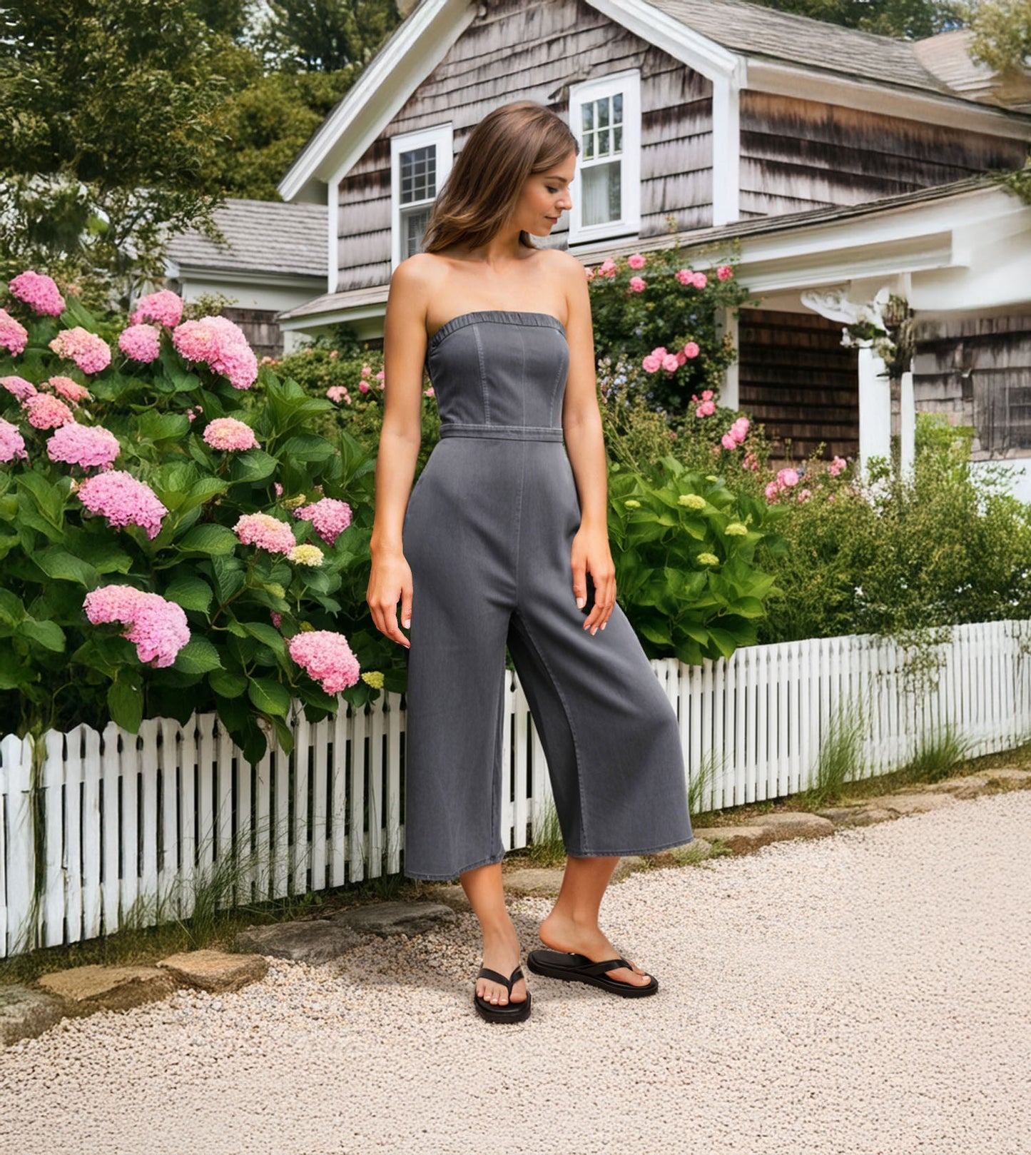 V-Strap Slide Flat Sandals - Black