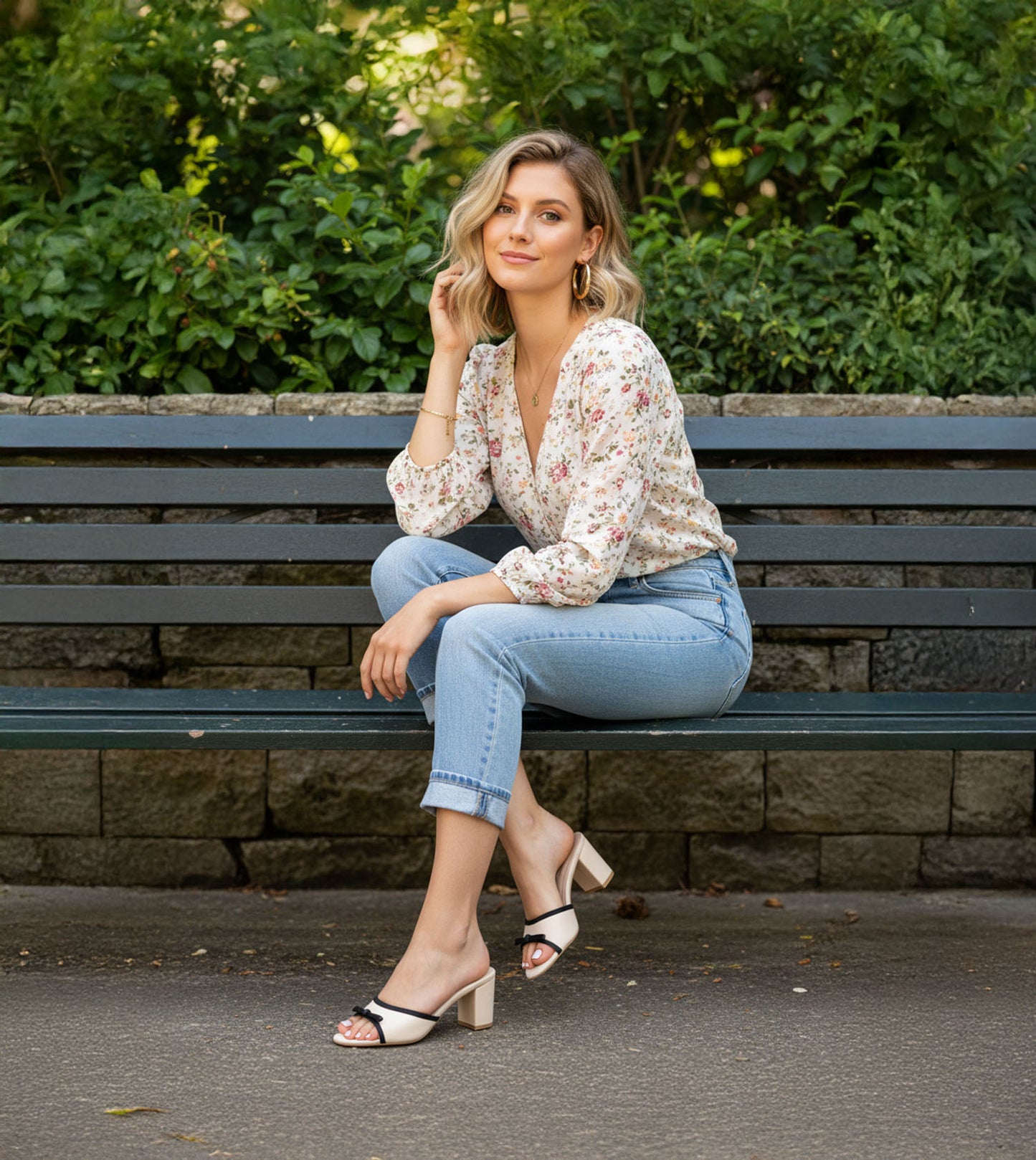 Two Tone Bow Heeled Mules - Cream