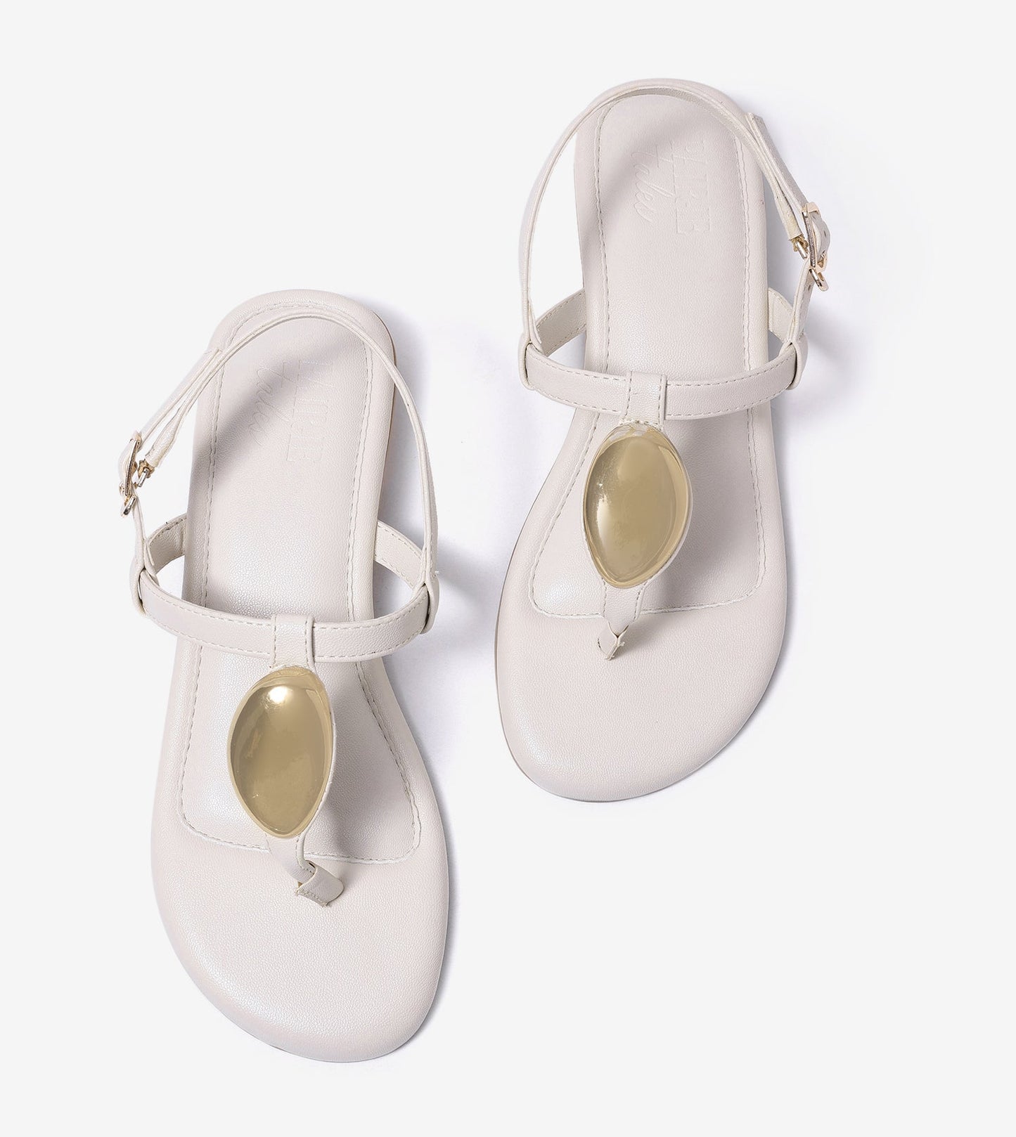 Metallic Accent T-Strap Flats - Beige