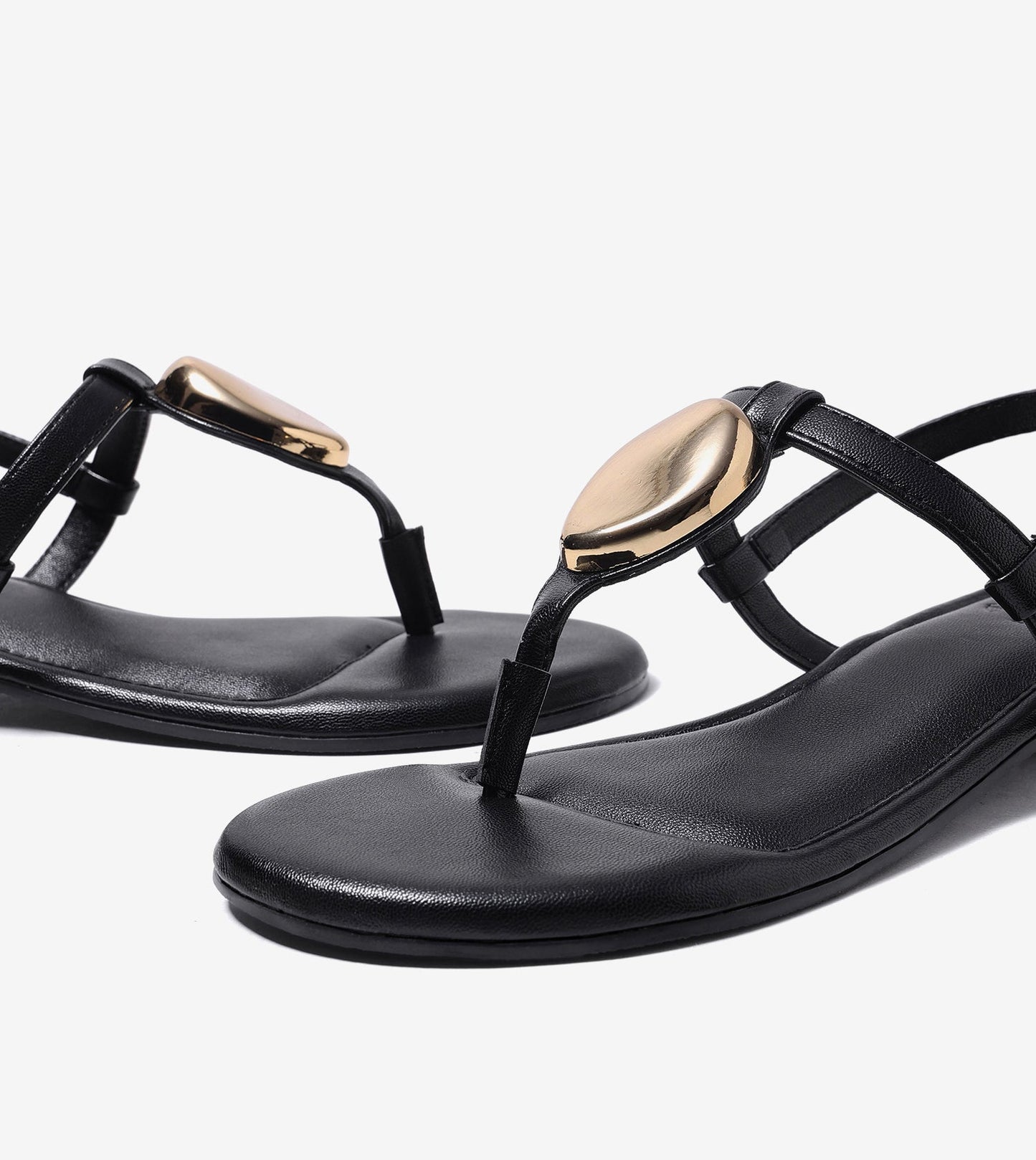 Metallic Accent T-Strap Flats - Black
