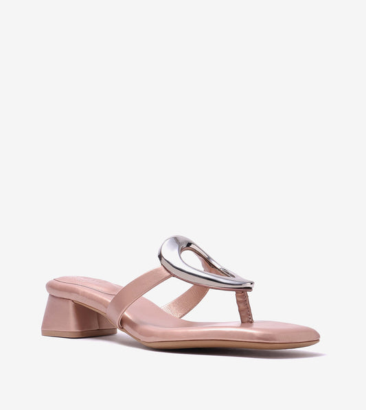 Metallic Accent T-Strap Block Heel -Peach