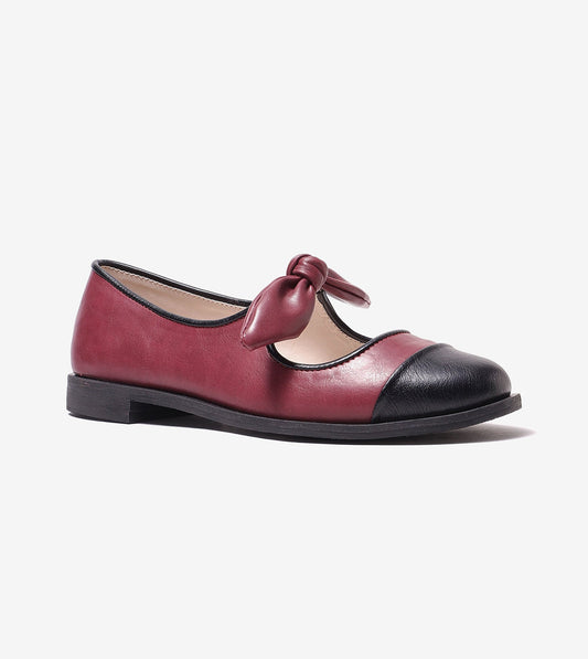 Bow Detail Cap-Toe Flats - Wine