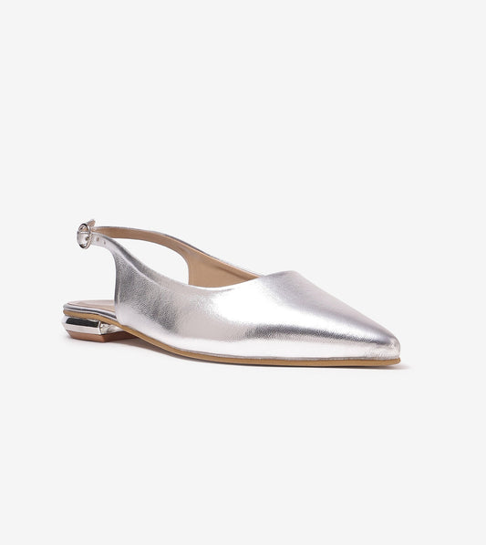 Pointed Toe Slingback Flats - Silver