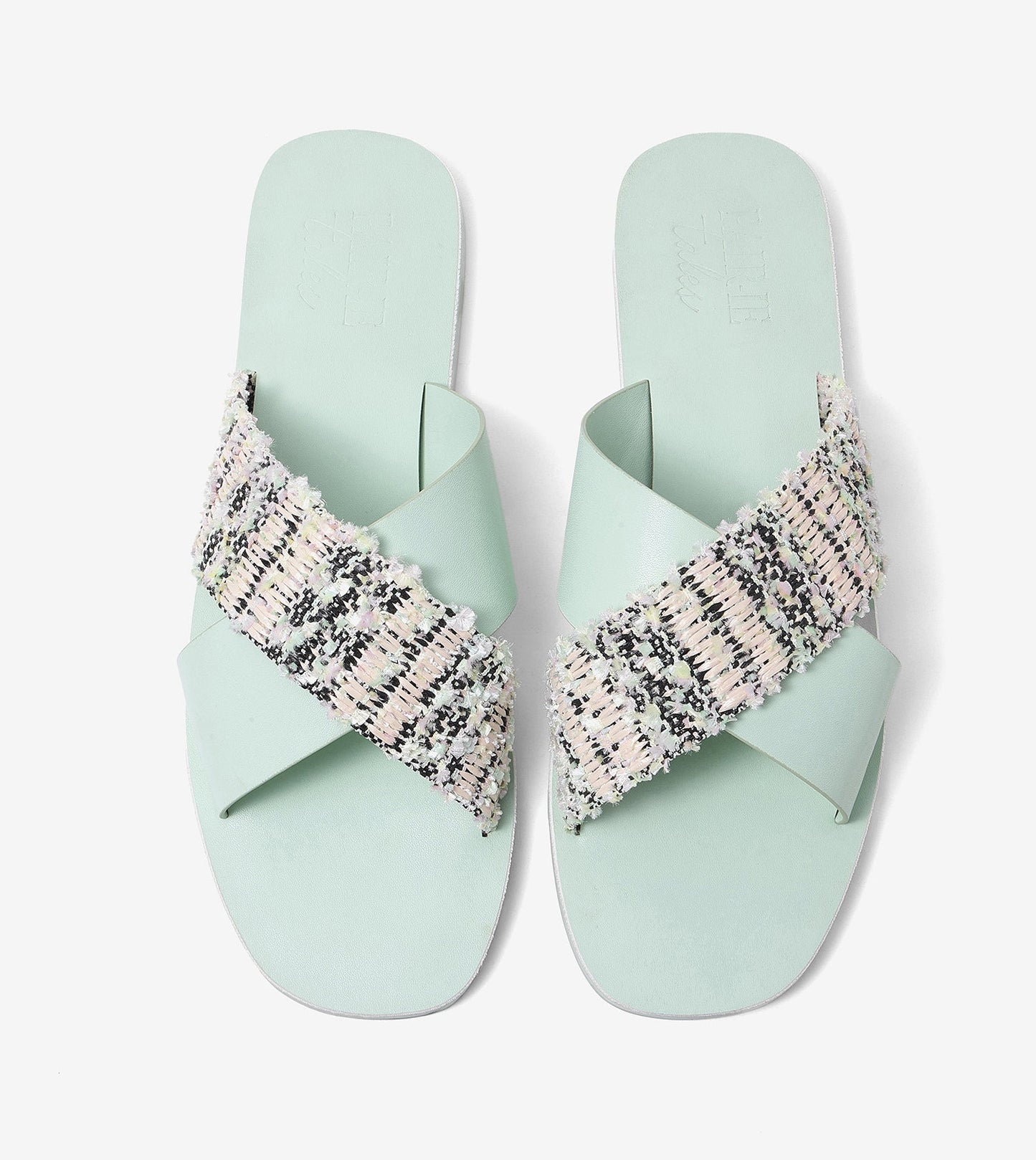 Textured Cross-Strap Flats Slides - Light Green