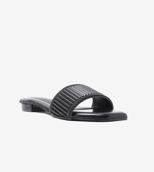 Elegant Pleated Edge Slide Flats - Black