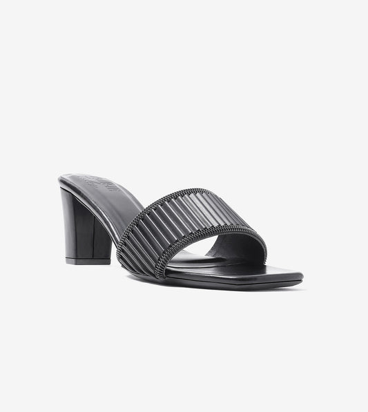 Pleated Strap Block Heel Slides - Black