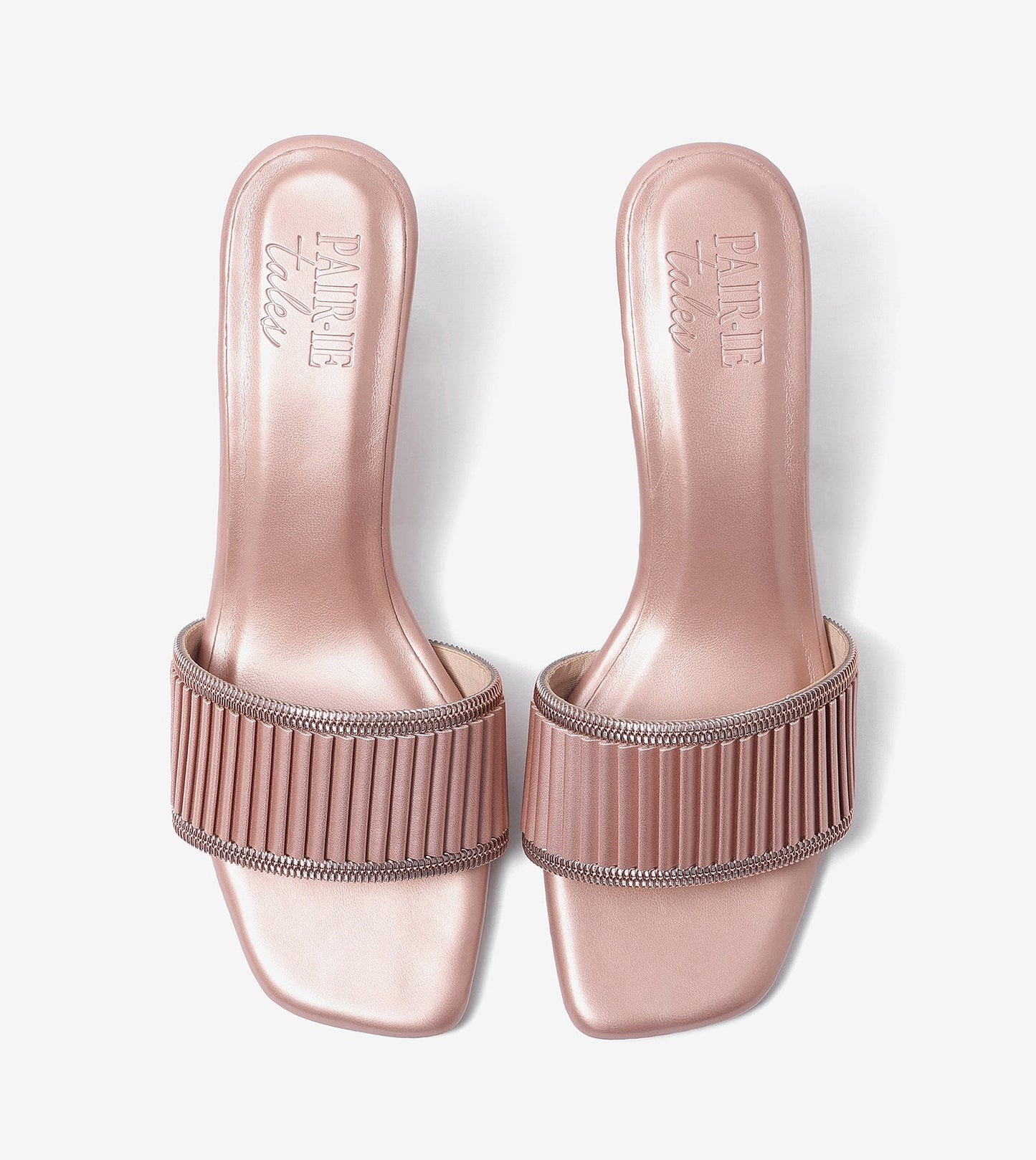 Pleated Strap Block Heel Slides - Rose Gold