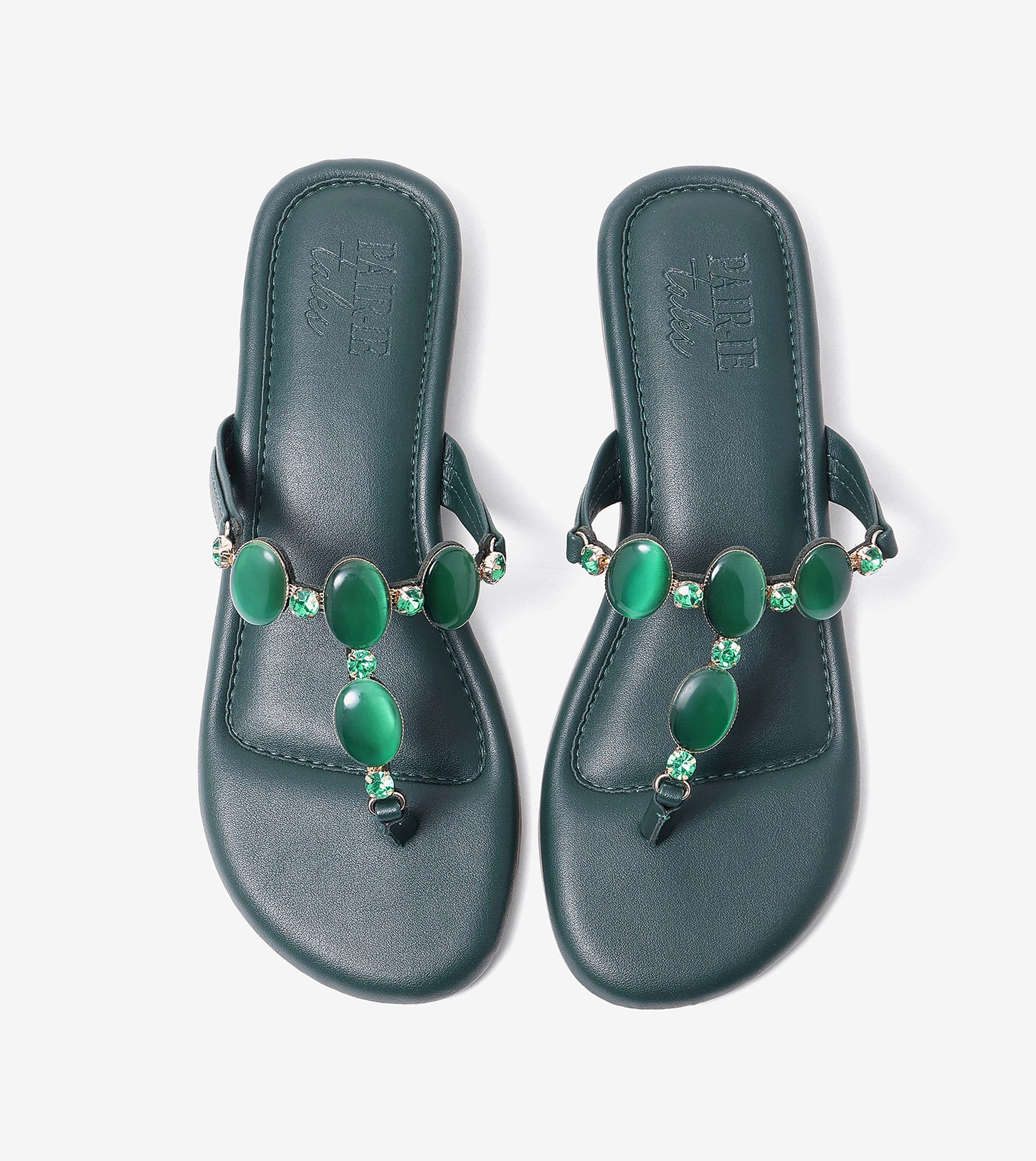Embellished T-Strap Beaded Flats - Bottle Green