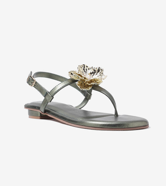 Floral Flats Sandal - Metallic Green