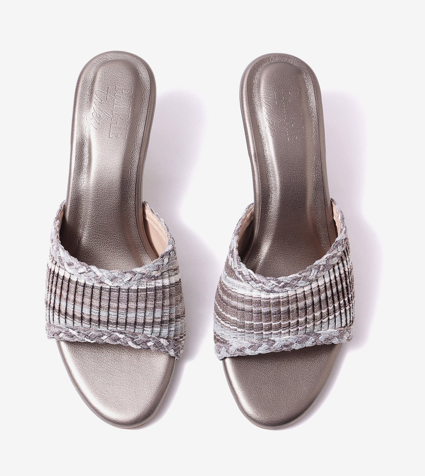 Textured Weave Kitten Heel Mules - Gunmetal