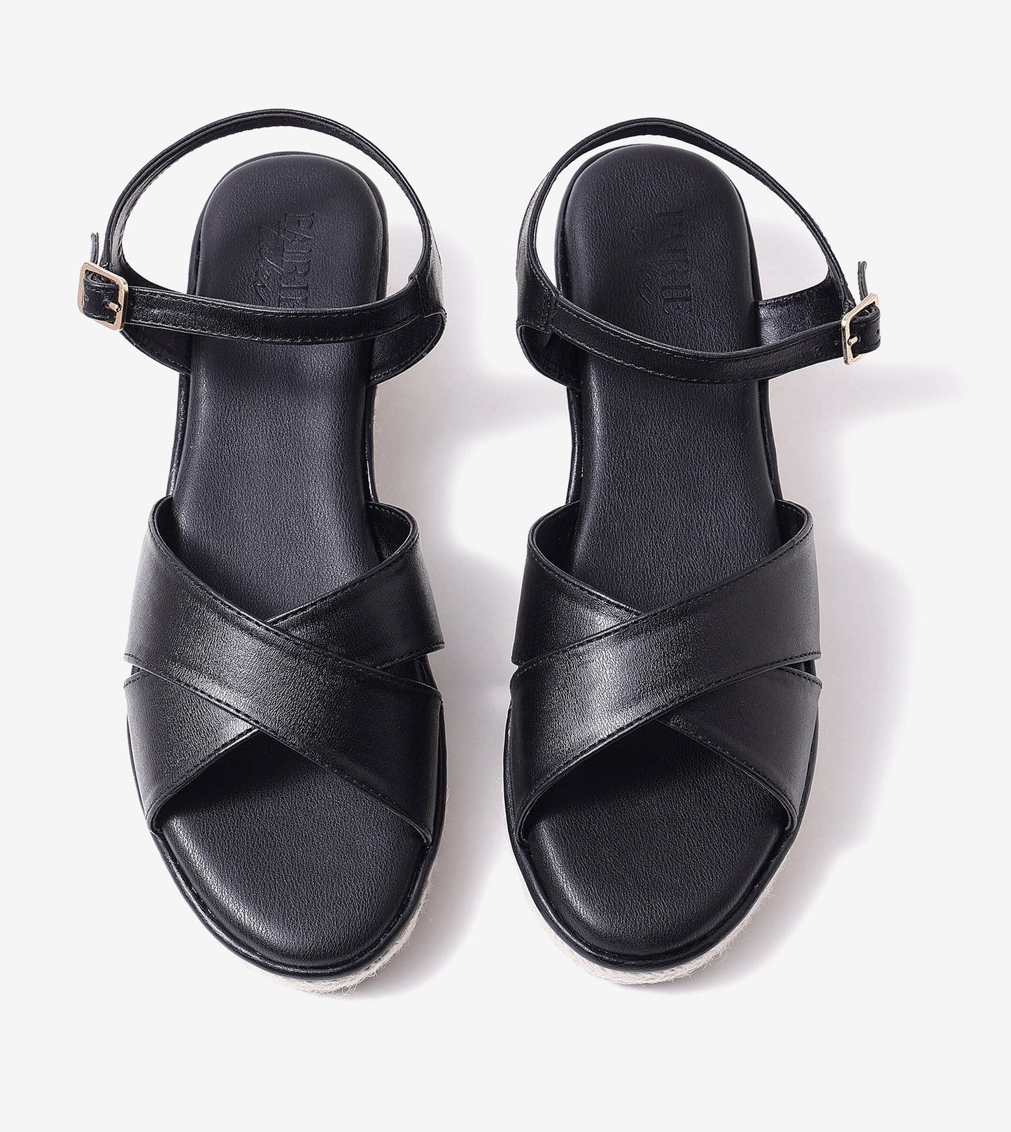 Cross-Strap Espadrille Wedges with Ankle Strap - Black