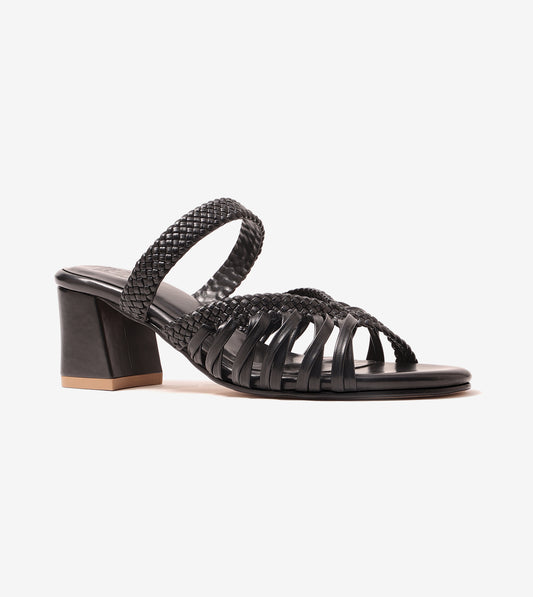 Woven Crossover Block Heel - Black