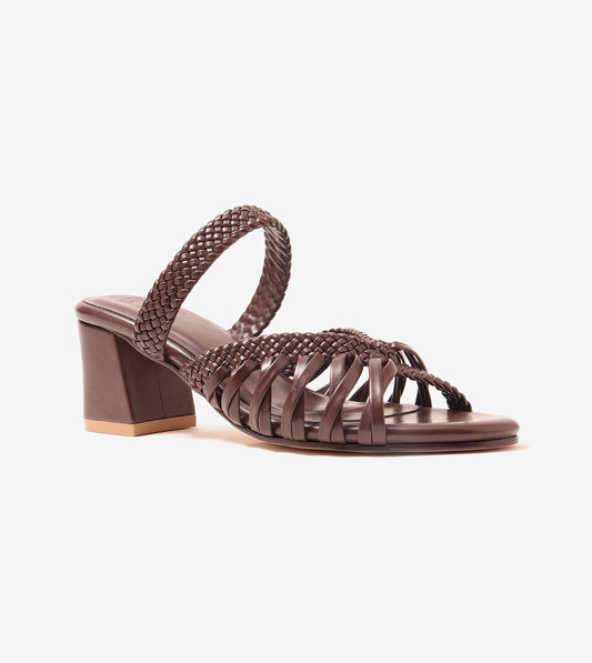 Woven Crossover Block Heel - Brown