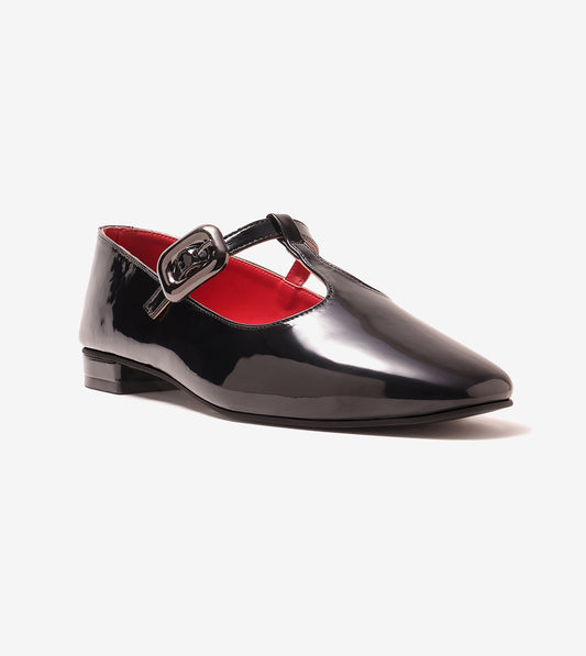 Classic Buckled Strap Mary Jane Flats - Black