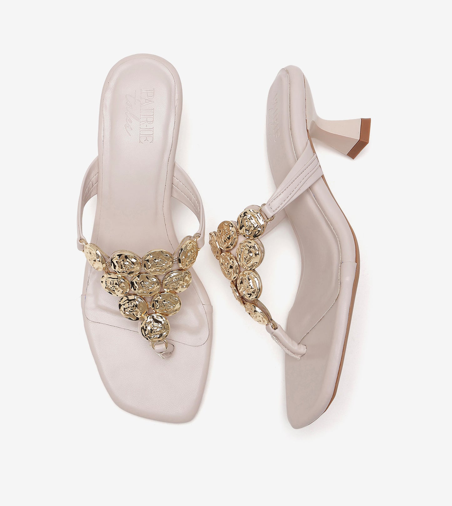 Embellished T-Strap Statement Heels - Cream