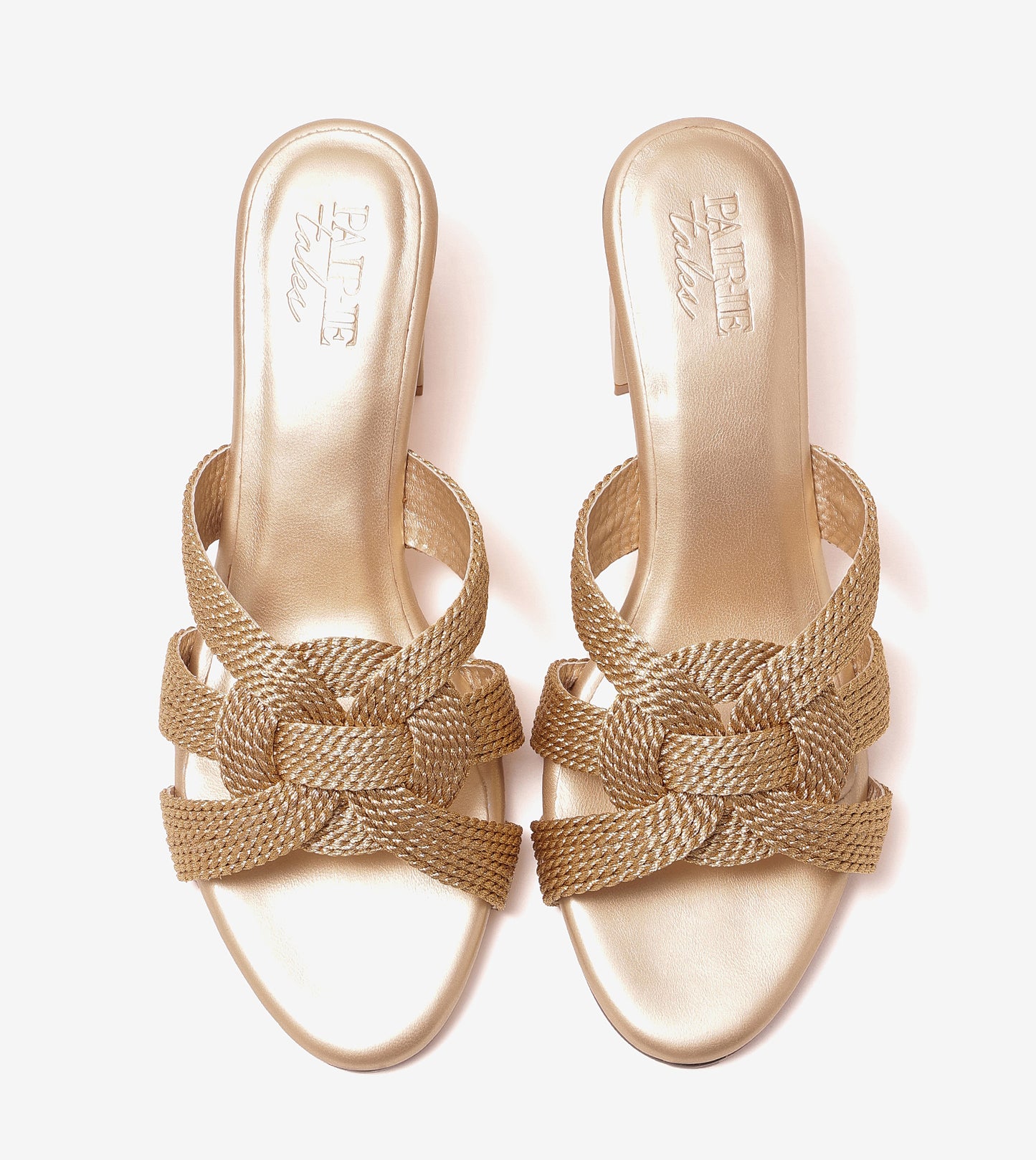 Braided Crossover Block Heels - Light Gold