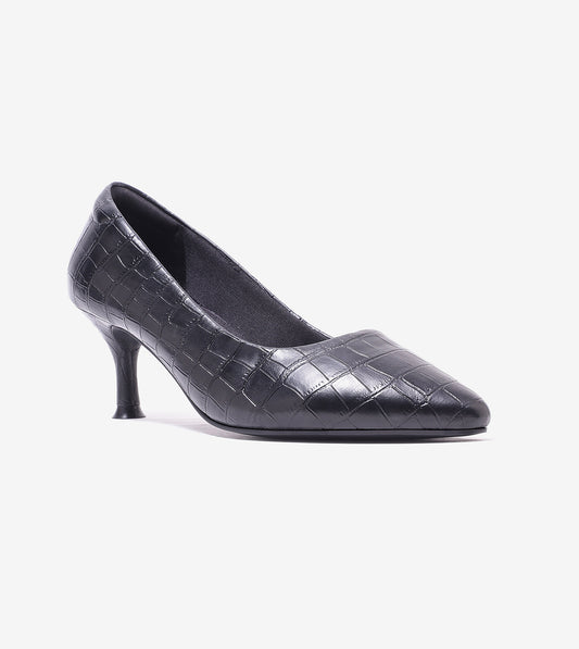 Textured Pointed Toe Pumps - Black