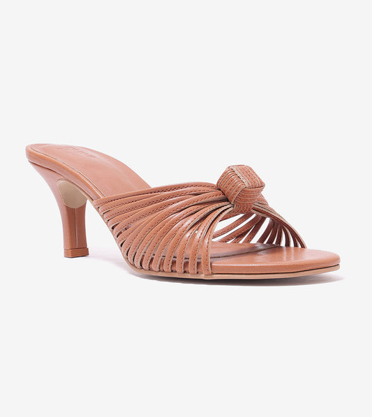 Knotted Strap Stiletto Mule Heels - Tan