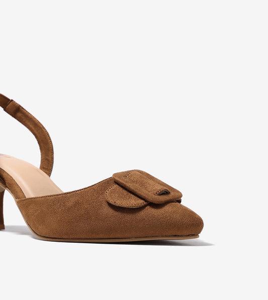 Slingback Pointed Toe buckle detail heels - Brown