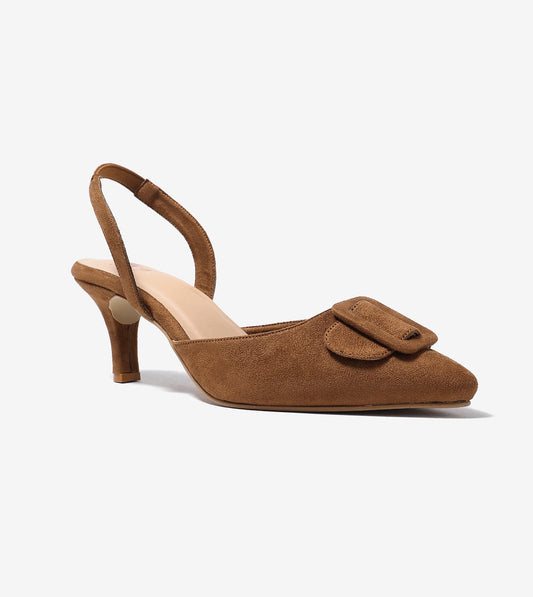 Slingback Pointed Toe buckle detail heels - Brown