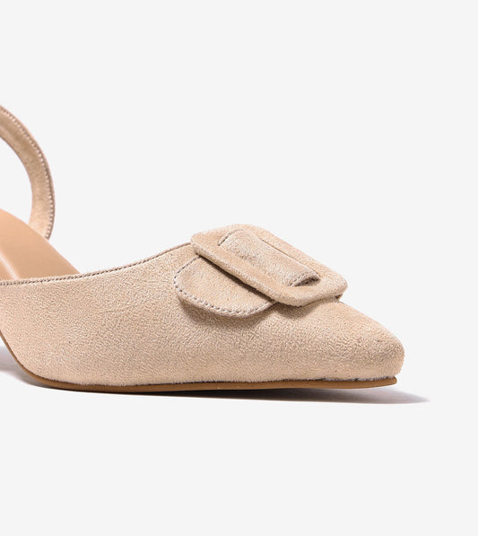 Slingback Pointed Toe buckle detail heels - Beige