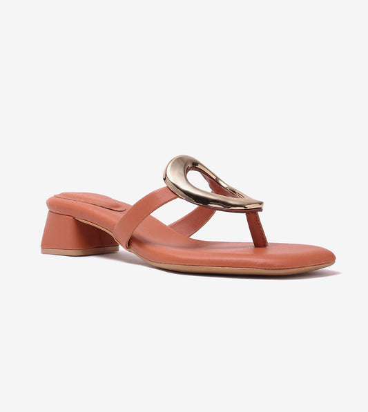 Metallic Accent T-Strap Block Heel - Tan