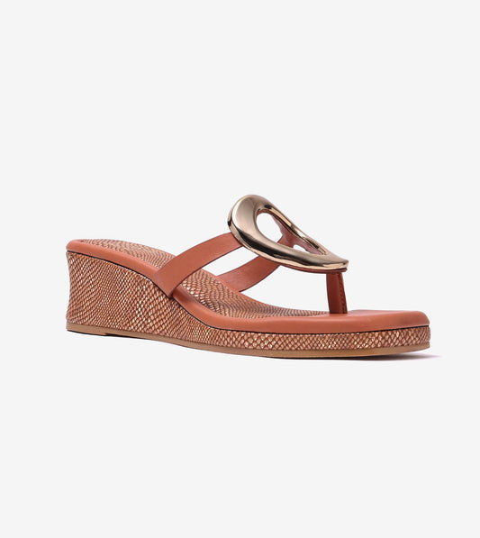 Golden Trim T-Strap Wedges - Tan