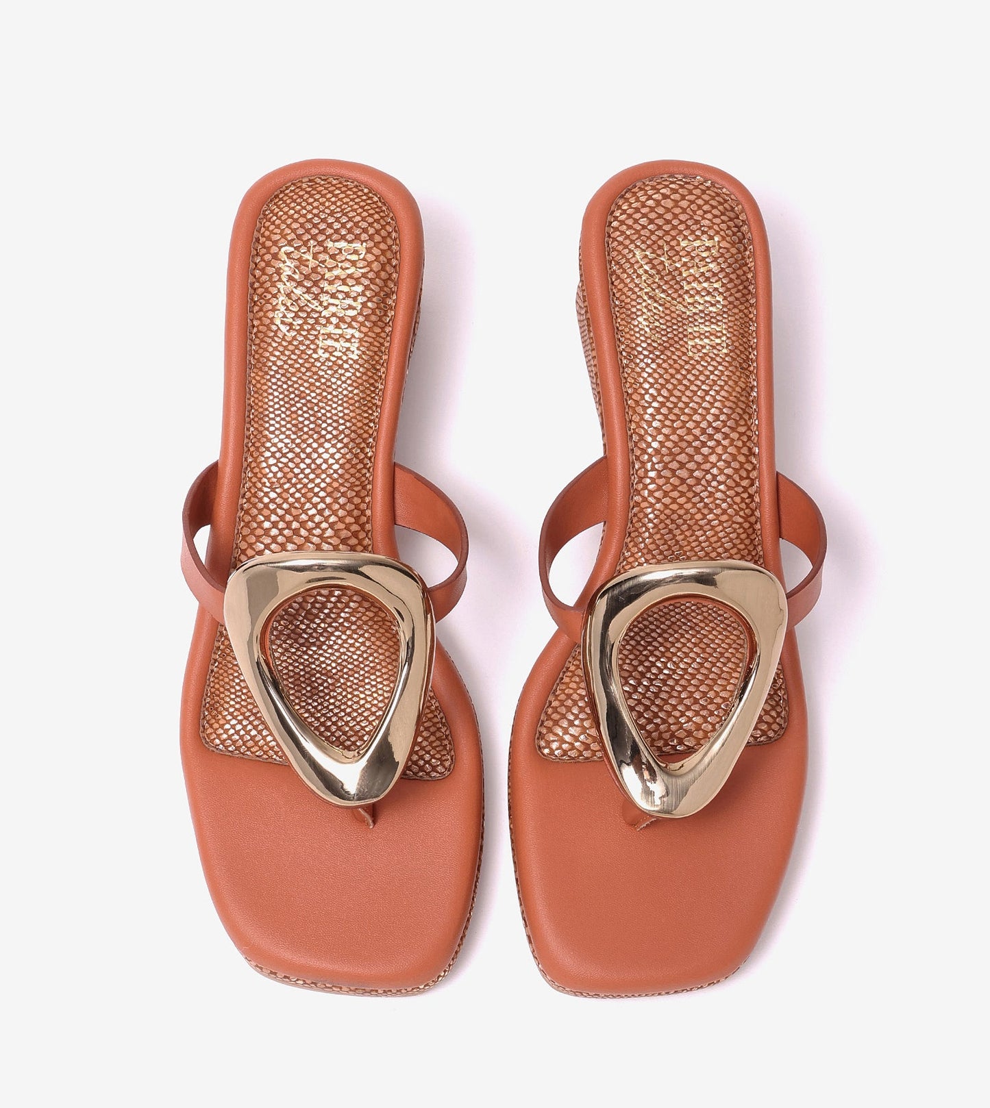 Golden Trim T-Strap Wedges - Tan