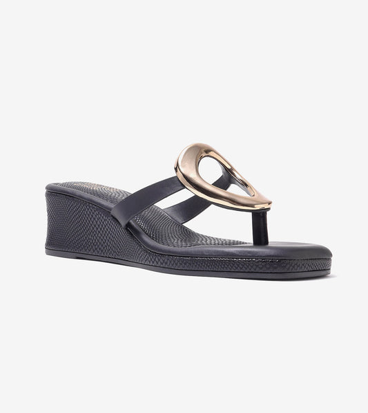 Golden Trim T-Strap Wedges - Black