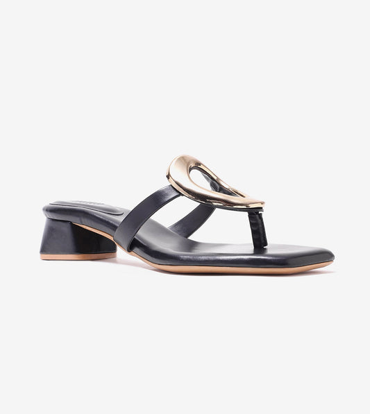 Metallic Accent T-Strap Block Heel - Black