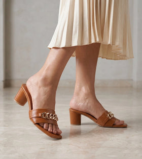 Chain Link Heeled Mules - Tan