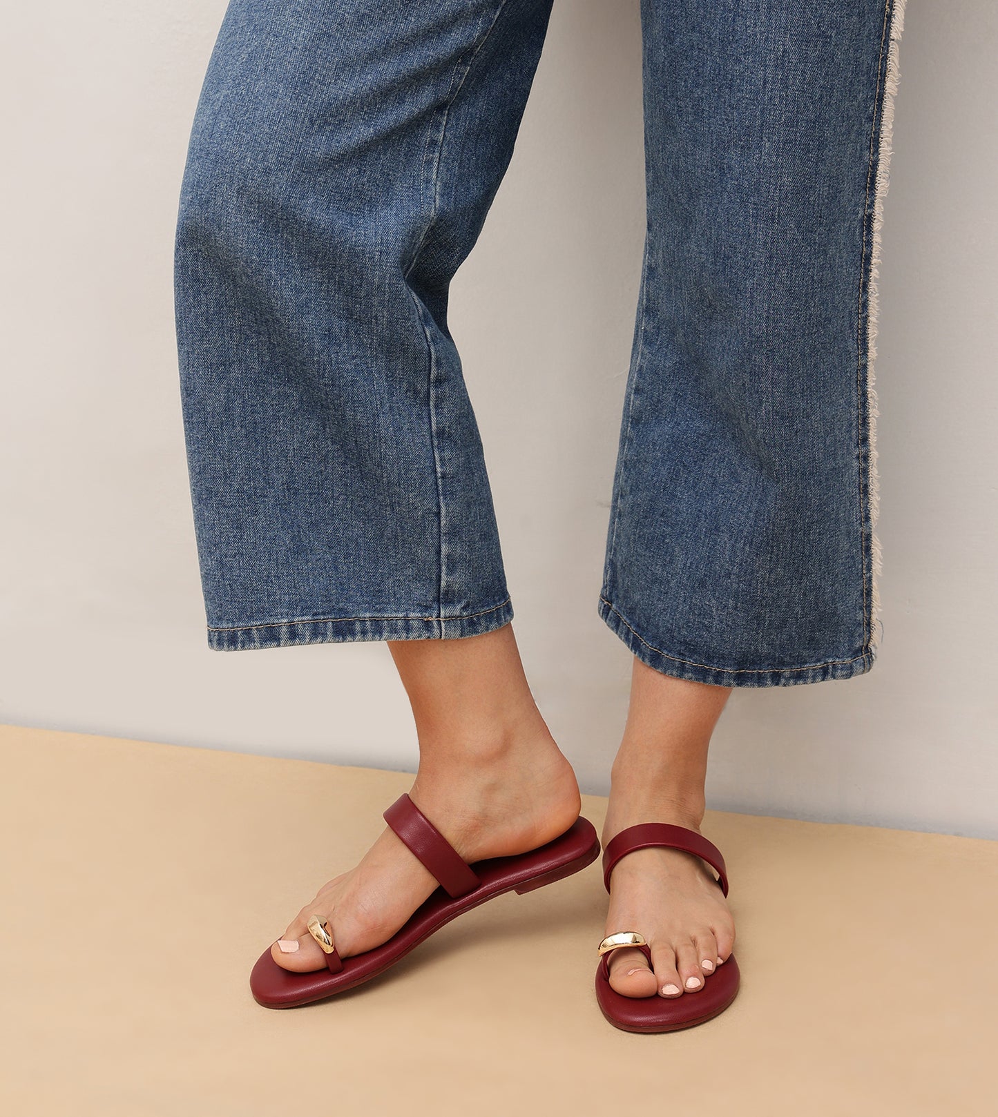 Patent Flat Sandals With Metallic Embellishment - Maroon