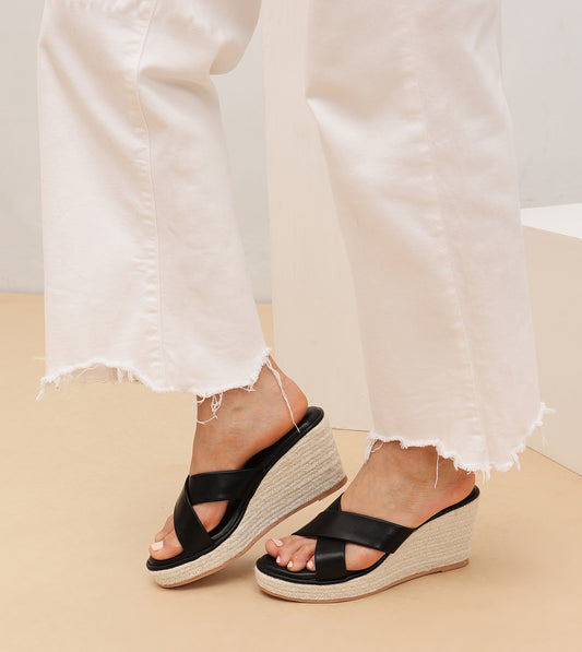 Cross Strap Metal Embellished Espadrille Wedges - Black