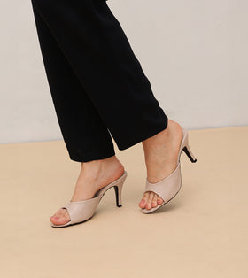 Almond Toe Stiletto Tweed Mules - Stone