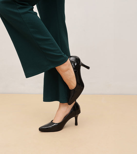 Patent Croc-Effect Pointed Toe Pumps - Black