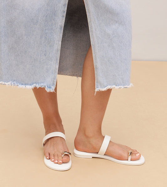 Patent Flat Sandals With Metallic Embellishment - White