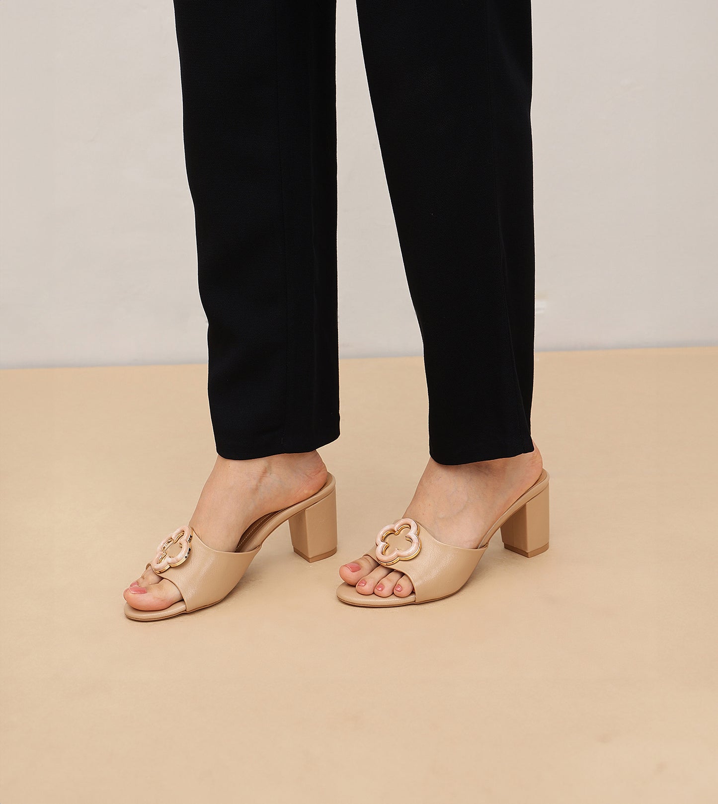 Floral Adornment Block Heeled Sandals - Beige