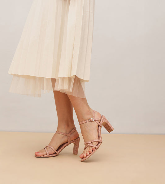 Snake Print Strappy Heeled Sandals - Blush Pink