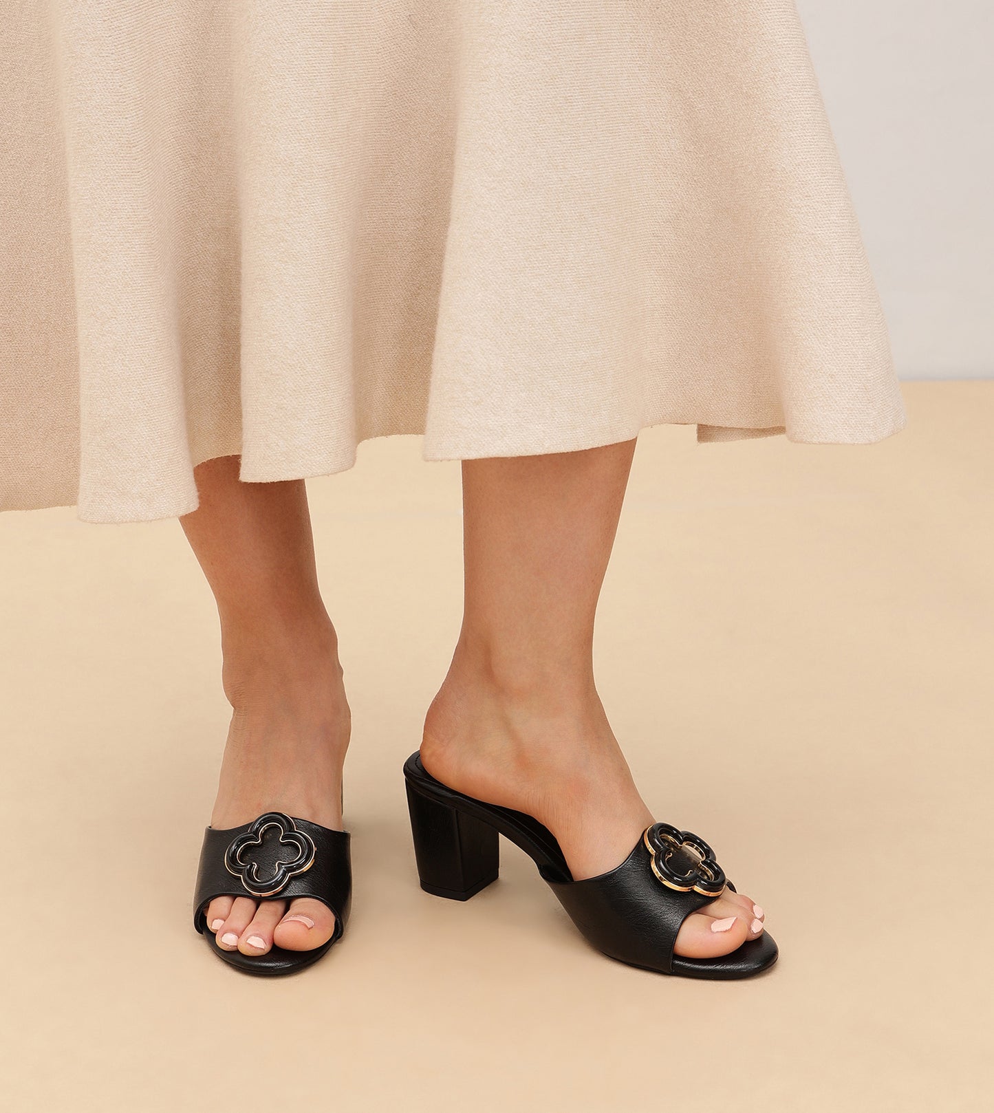 Floral Adornment Block Heeled Sandals - Black