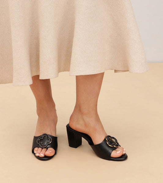 Floral Adornment Block Heeled Sandals - Black