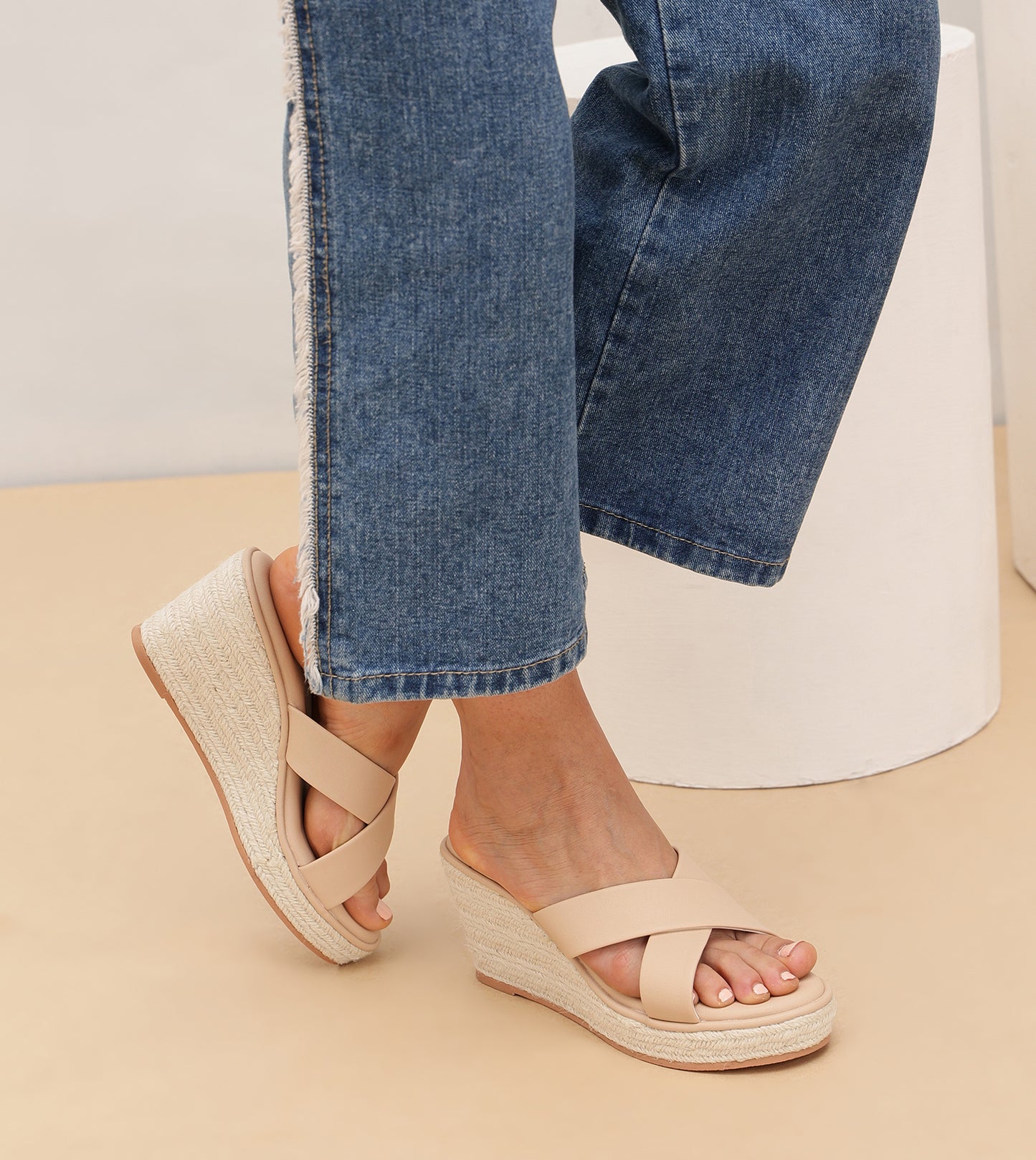 Cross Strap Espadrille Wedges - Cream