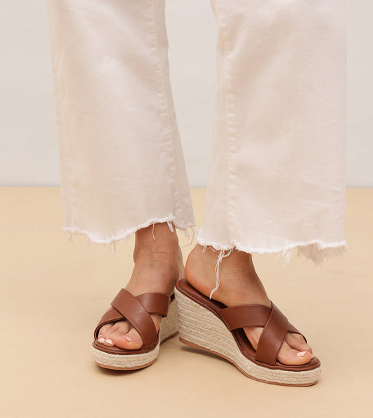 Cross Strap Espadrille Wedges - Brown
