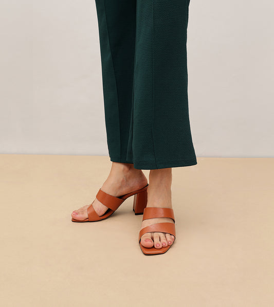 Asymmetric Cutout Block Heeled Slide Sandals - Tan