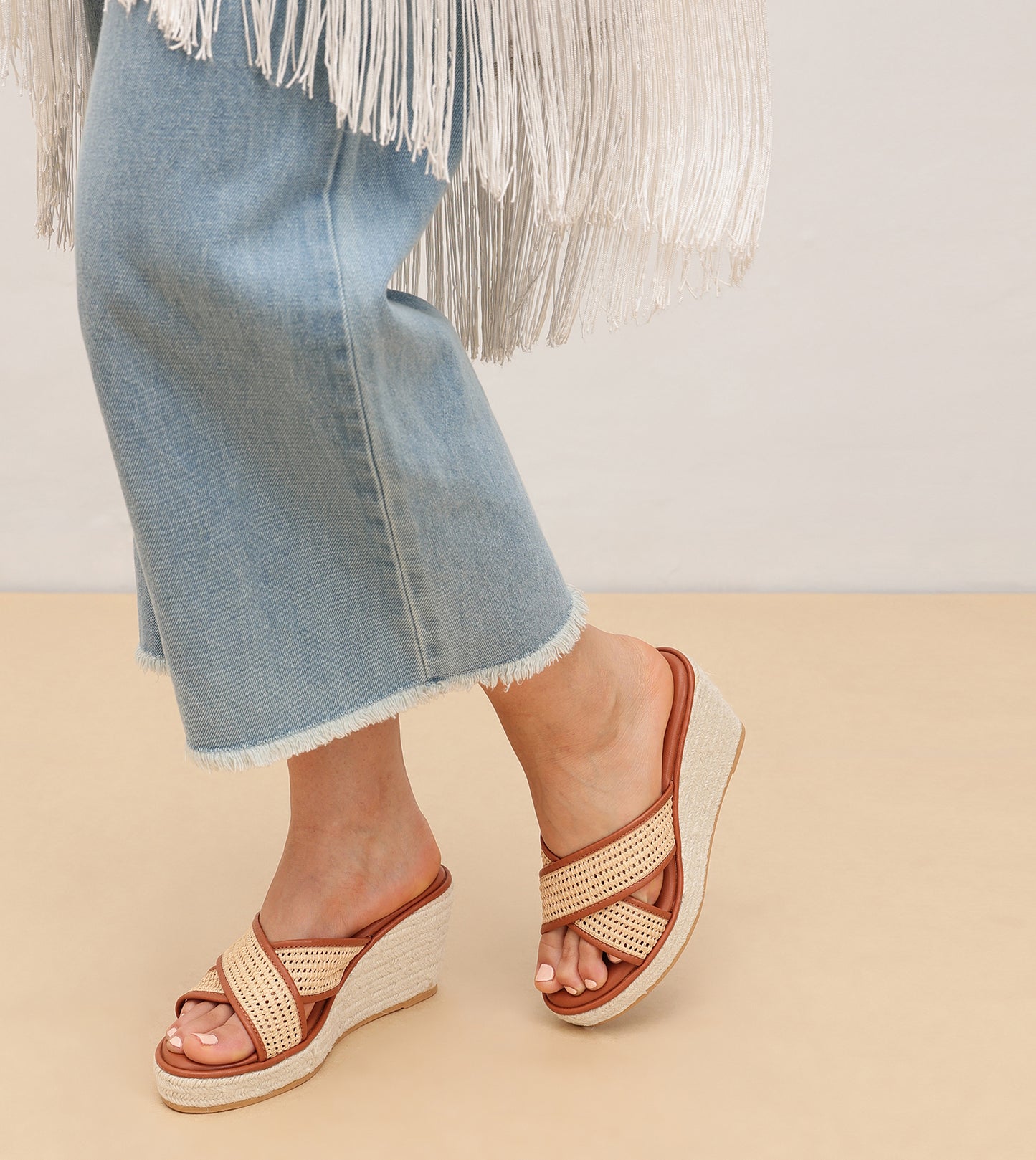 Woven Cross Strap Espadrille Wedges - Tan