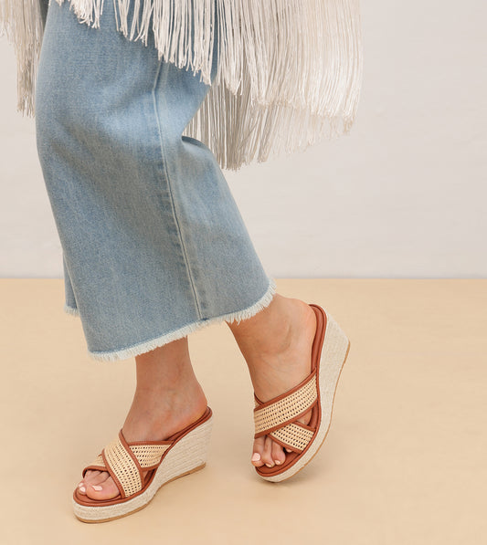 Woven Cross Strap Espadrille Wedges - Tan