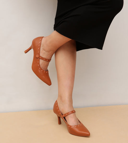 Pointed Toe Studded Mary Jane Pumps - Tan